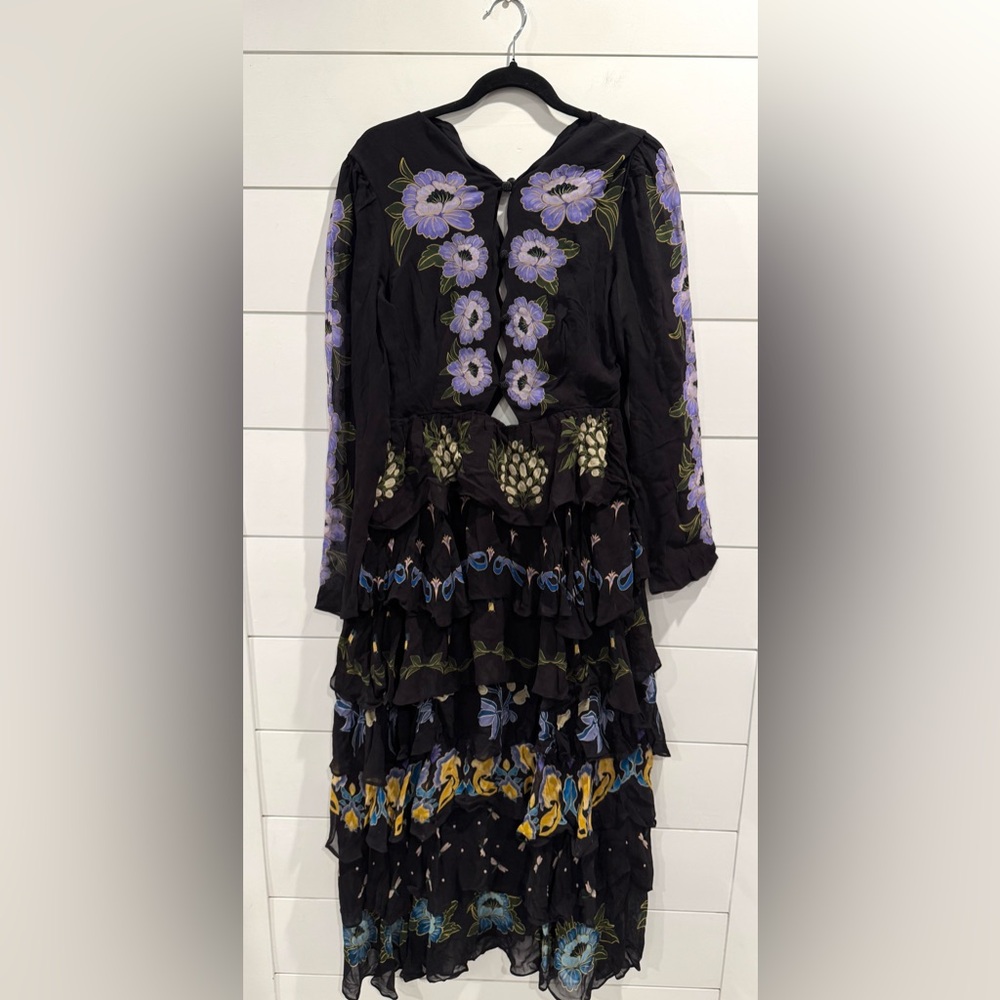 NWT Farm Rio Ruffled Tiered Printed Georgette Midi Dress Black and Purple - Picture 4 of 10